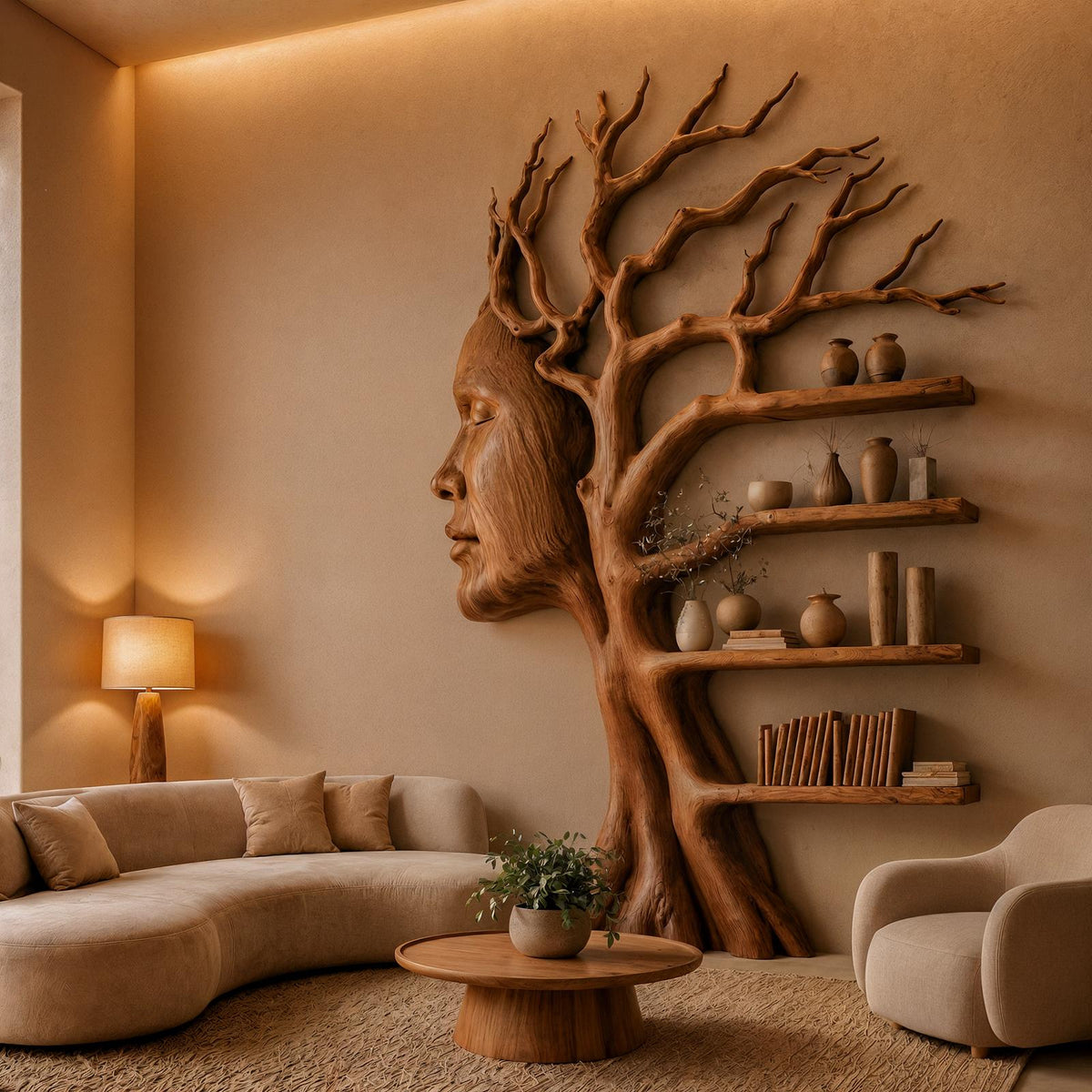 Fantasy Tree Bookshelf, Sculptural Face Design & Solid Wood Integrated Branch Shelves for Kids Room & Study