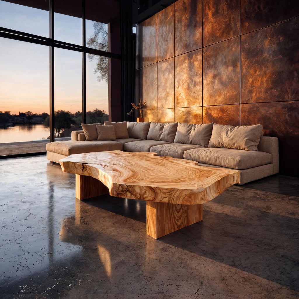 Rustic Art Coffee Table, Handcrafted Live Edge Solid Wood Sculptural Centerpiece Table for Living Room, Office, Studio