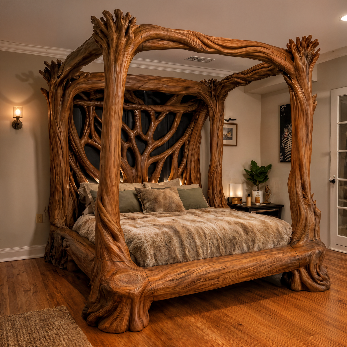 Spry Interior Organic Sculptural Canopy Bed, Handcrafted Tree Branch Solid Wood Queen King Bed Frame for Luxury Bedroom, SINLKIWB120