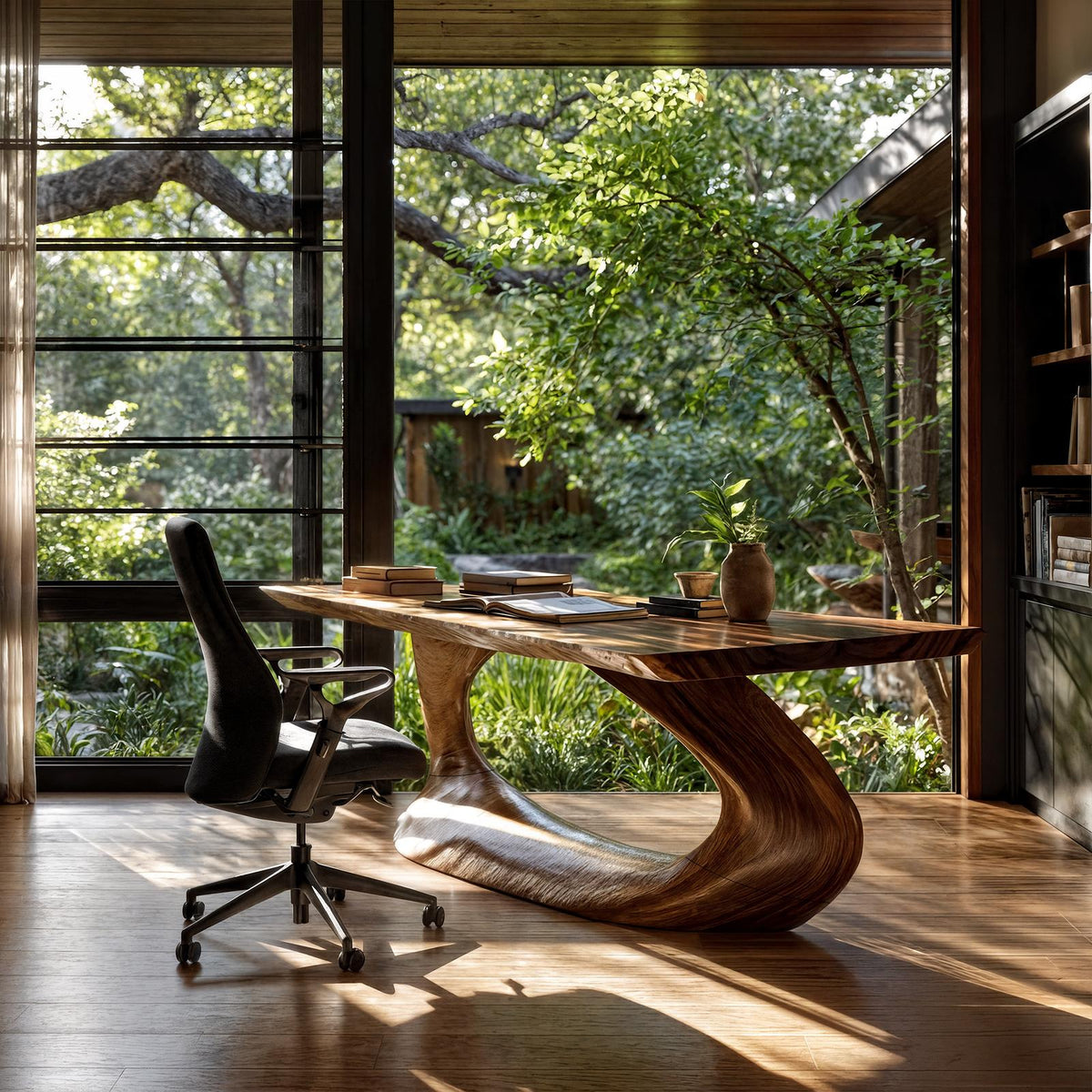 Rustic Desk With Sculptural Curved Base For Home Office