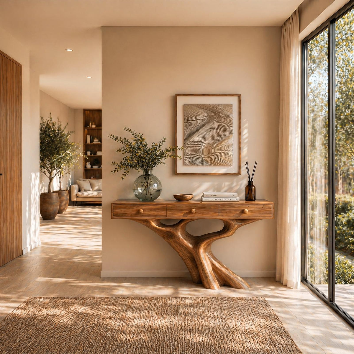 Organic Console Table with Storage Cabinet, Sculptural Curved Wood Base for Entryway & Living Room