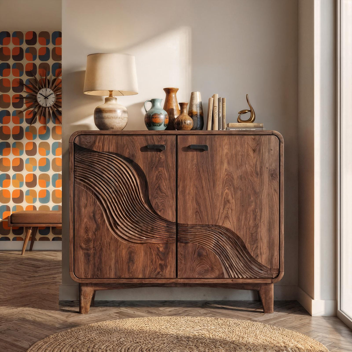 Mid-Century Sculptural Storage Cabinet, Solid Wood Sideboard Buffet Credenza for Living Room, Dining Room