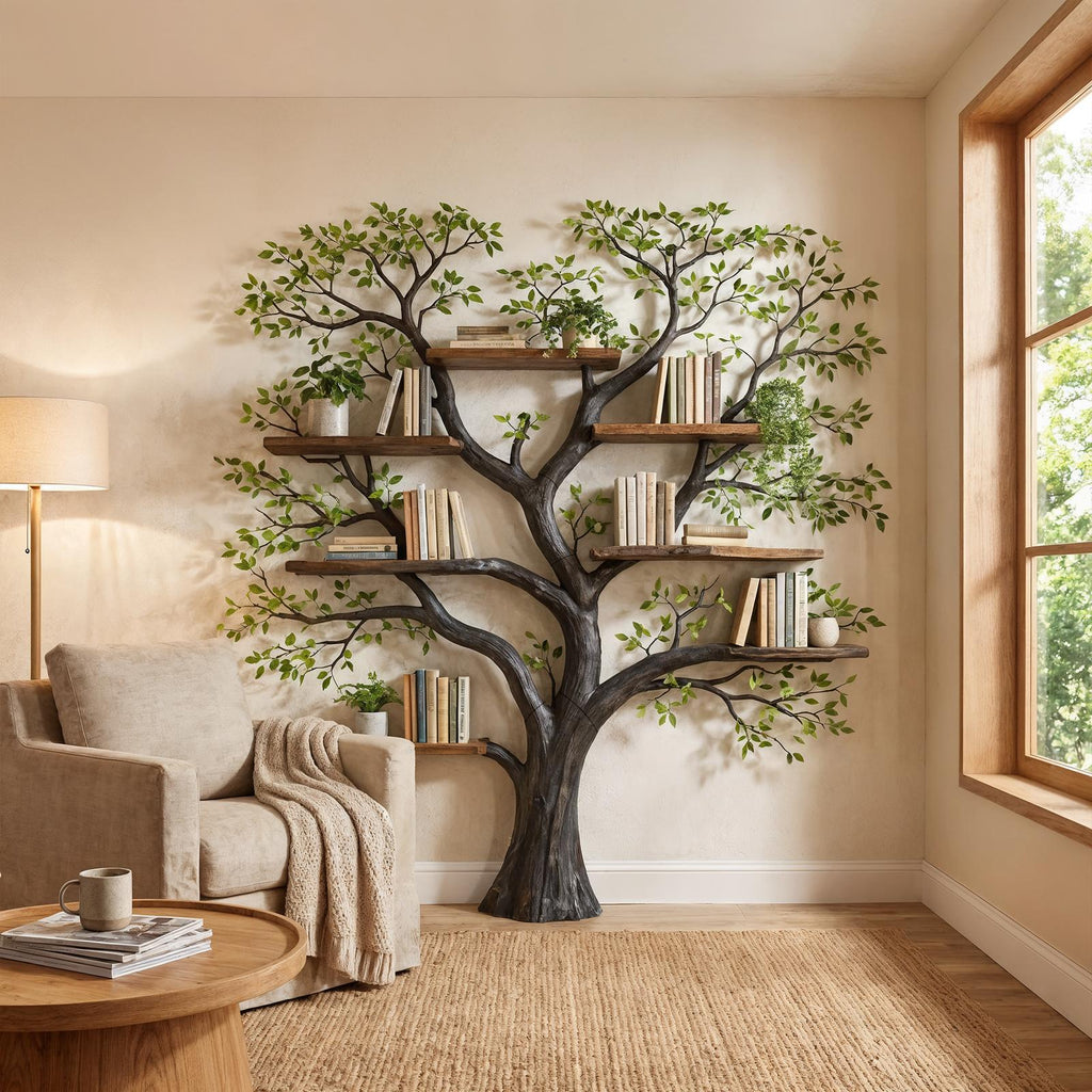 Handcrafted Wood Tree Storage Bookcase, Wall Mounted Floating Branch Display Shelf Statement Piece for Living Room