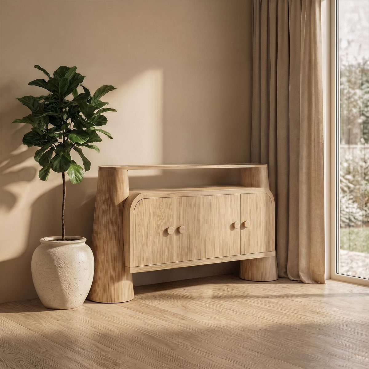 Minimalist Modern Storage Cabinet, Solid Wood Sideboard Credenza with Shelves for Living Room, Bedroom