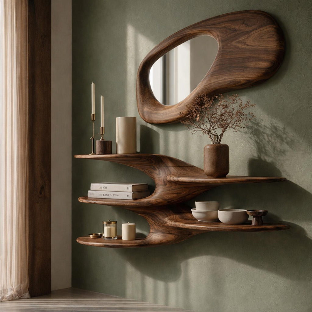 Sculptural Floating Wall Shelf, Handcrafted Solid Wood Wave Display Ledge for Bedroom & Living Room