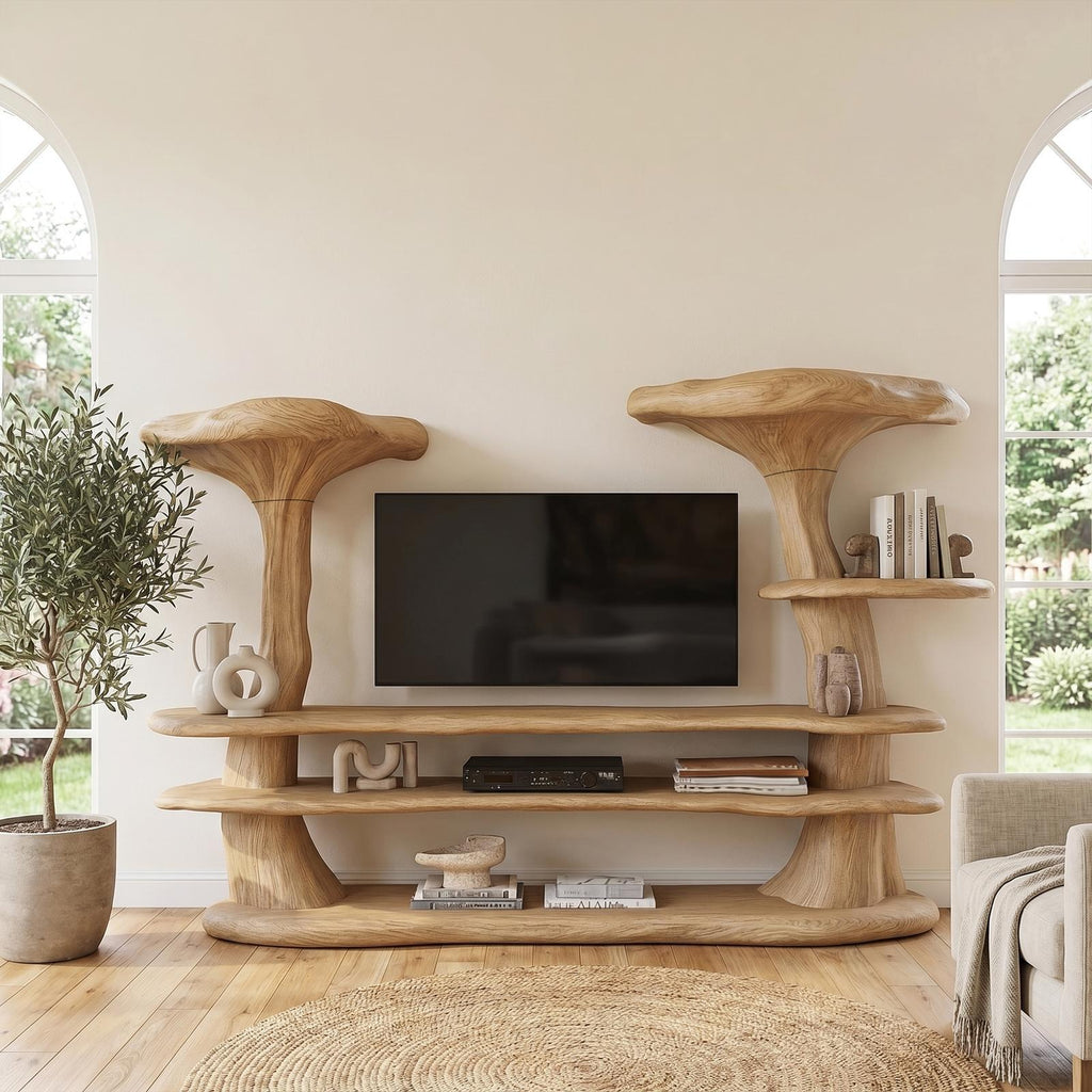 Organic Mushroom TV Stand, Sculptural Solid Wood Entertainment Center, TV Console Media Cabinet for Living Room