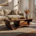 Curved Sculptural Coffee Table with Storage Drawer, Modern Solid Wood Center Accent Table