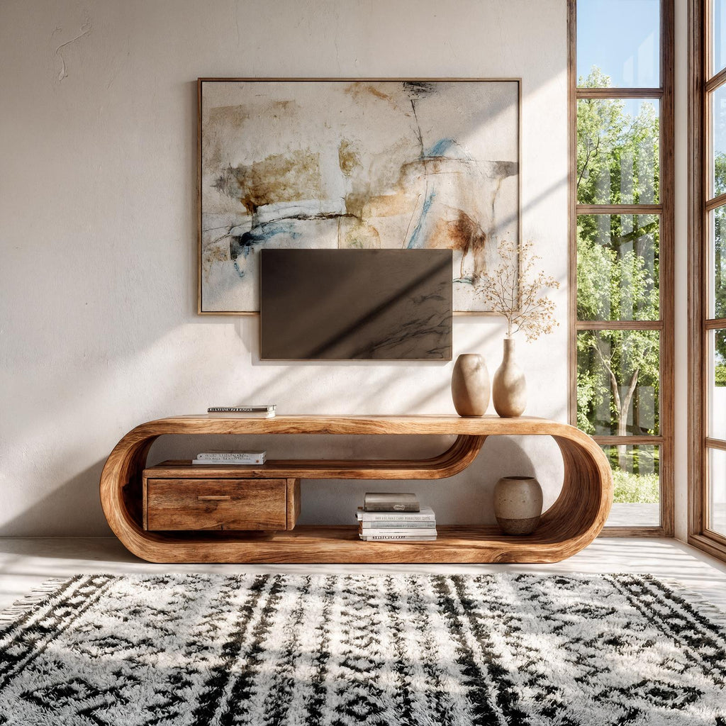 Organic Modern TV Cabinet, Solid Wood Media Console Table, Rustic TV Stand for Living Room Entertainment