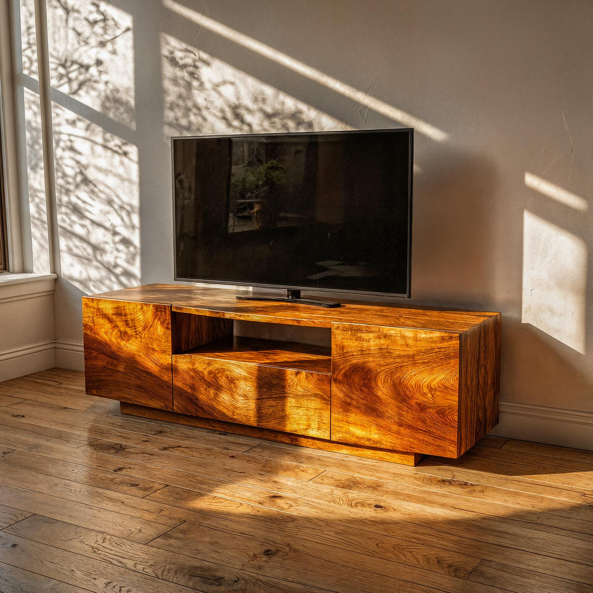 Spry Interior Modern Rustic TV Cabinet, Solid Wood Low Profile Block TV Stand, Living Room Media Console Unit, SINLKITC030