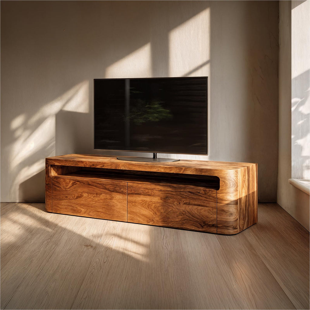 Rustic TV Cabinet, Solid Wood Media Console with Curved Edge Storage for Living Room & Lounge