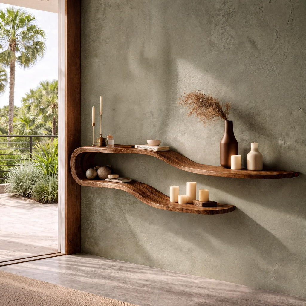 Organic Curved Floating Wall Shelf, Handcrafted Solid Wood Hanging Wave Display for Living Room Bedroom