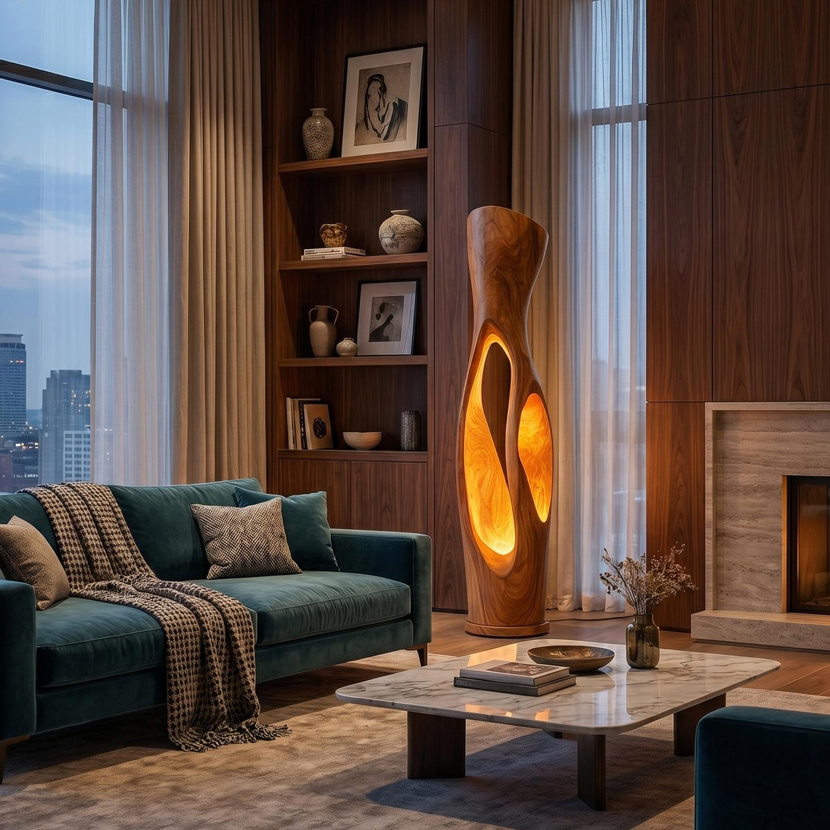 Modern Organic Wood Floor Lamp, Illuminated Hollow Trunk Design, LED Standing Light for Living Room and Bedroom