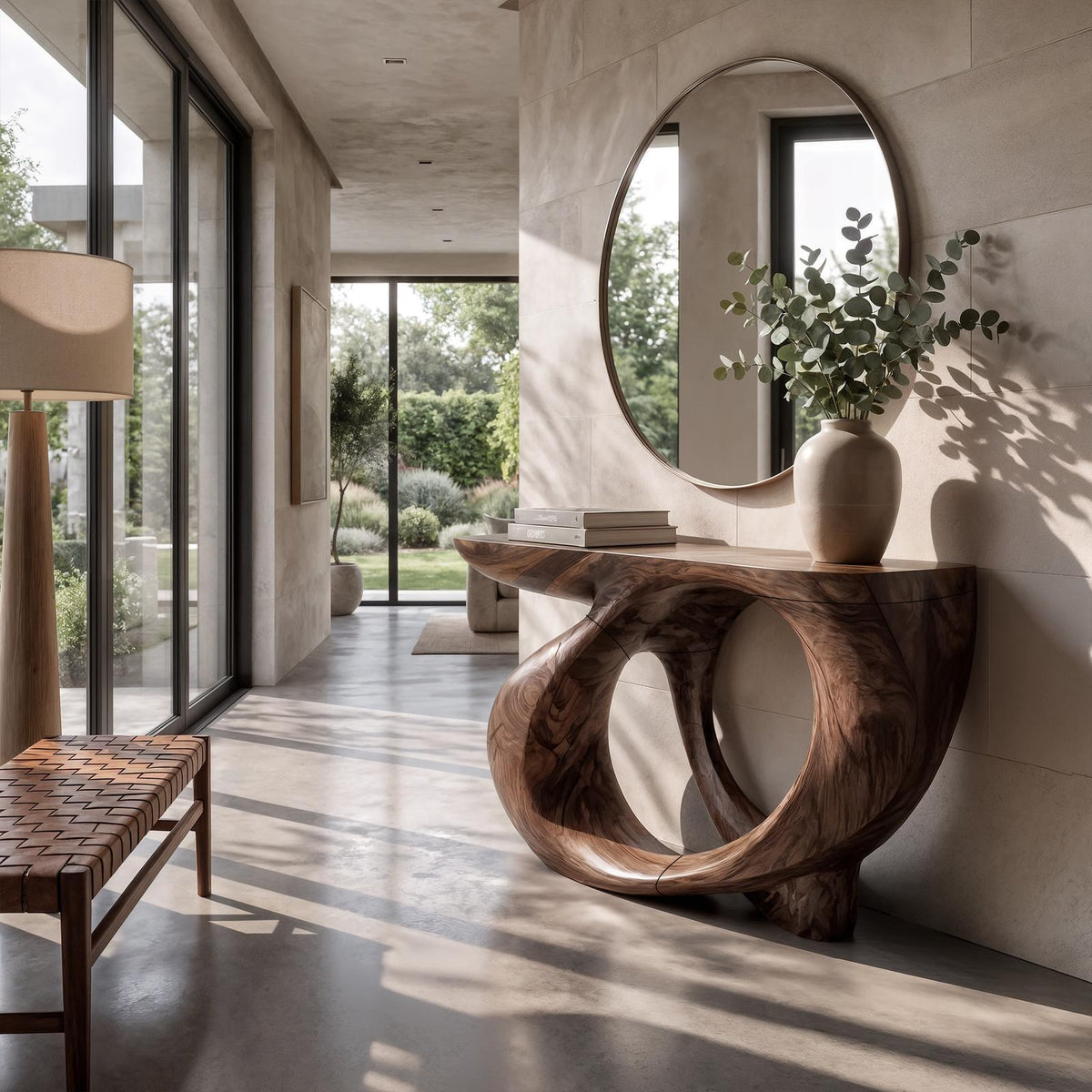 Modern Sculptural Console Table Circular Hollow Base Design For Entryway Foyer Hallway SINLKICS683