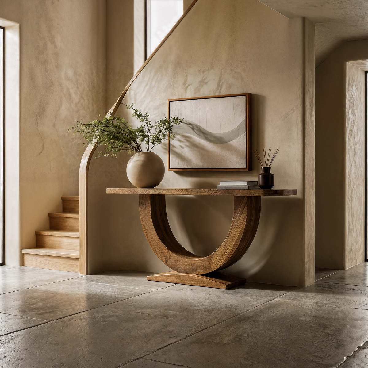 Contemporary Organic Solid Wood Console Table with U-Shape Pedestal Base, Entryway Sofa Table for Living Room