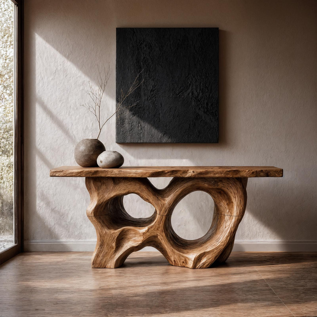 Modern Console Table With Sculptural Asymmetrical Wood Base For Living Room