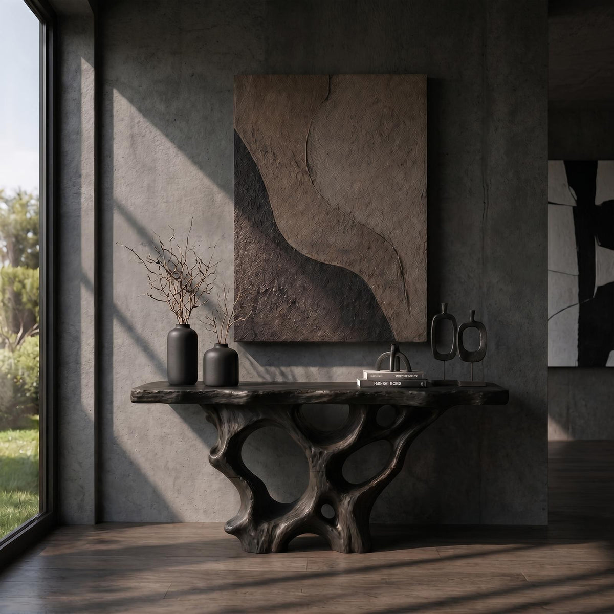 Organic Solid Wood Console Table with Sculptural Natural Wood Base, Unique Entryway Sofa Table for Living Room