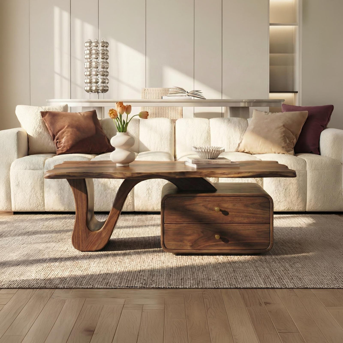 Modern Coffee Table with Storage, Handcrafted Solid Wood Center Accent Table for Living Room Lounge