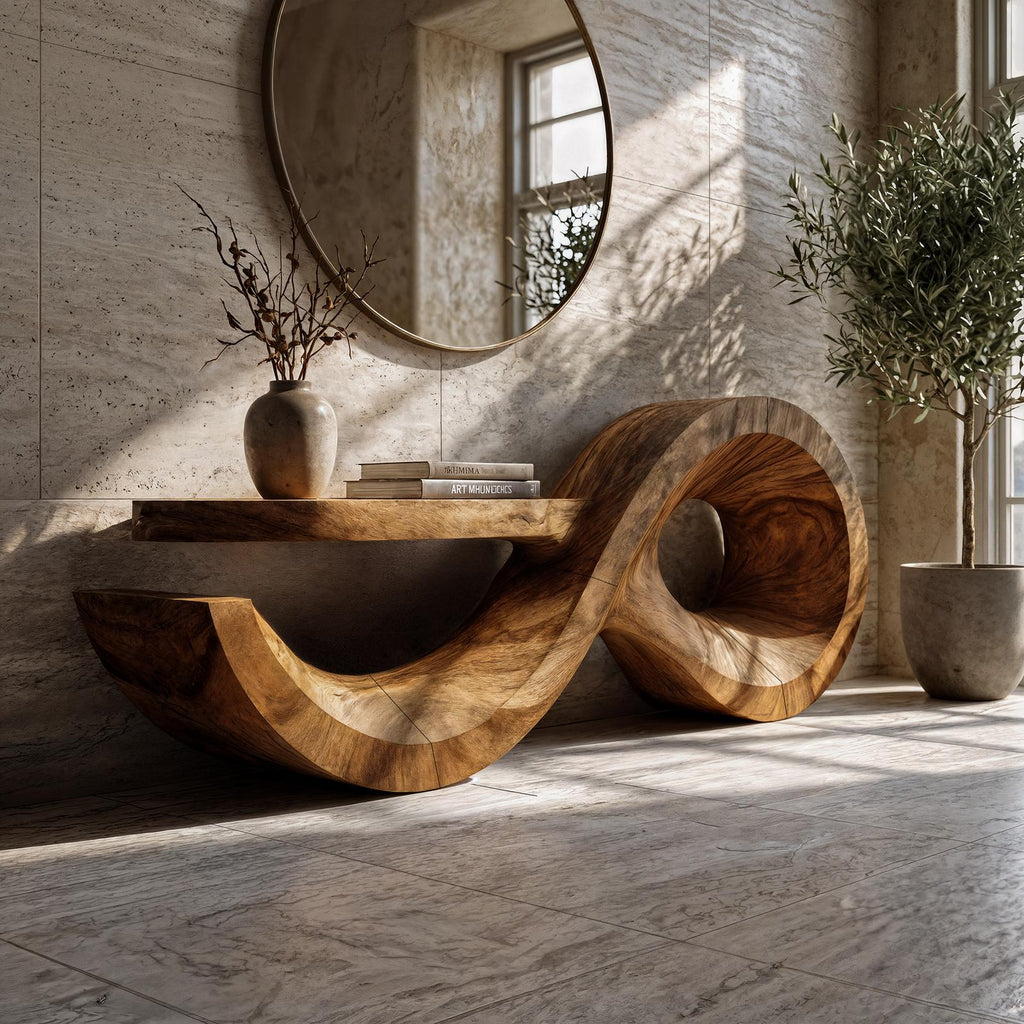 Contemporary Solid Wood Console Table with Sculptural Wave Base, Modern Entryway Sofa Table for Living Room