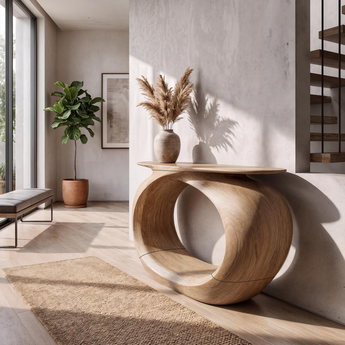 Rustic Sculptural Console Table Rounded Hollow Base For Entryway Foyer SINLKICS689
