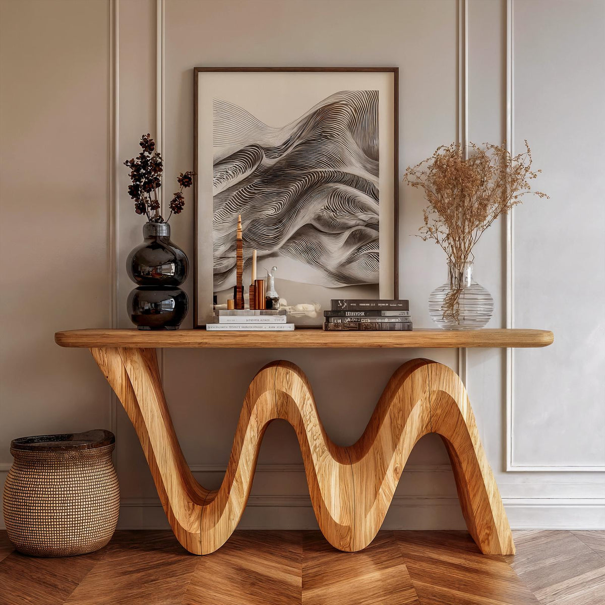 Organic Flow Console Table, Solid Wood Sculptural Wave Base Entryway Sofa Table for Hallway