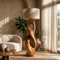 Rustic Floor Lamp with Handcrafted Hollow Wood Sculpture Base, Artistic Standing Light