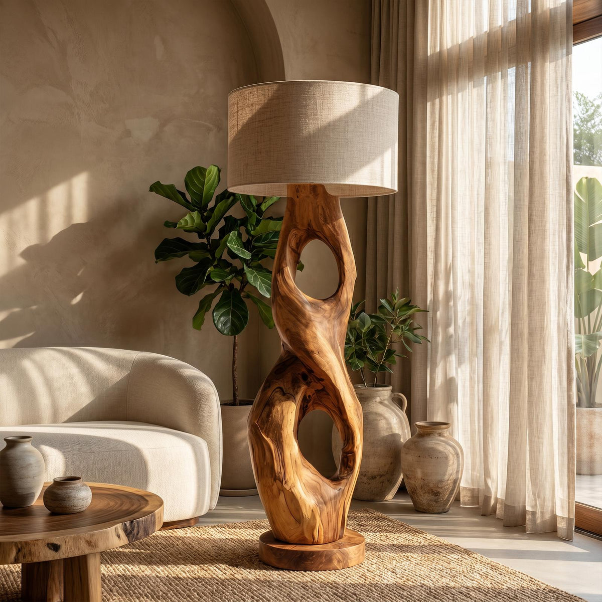 Rustic Floor Lamp with Handcrafted Hollow Wood Sculpture Base, Artistic Standing Light