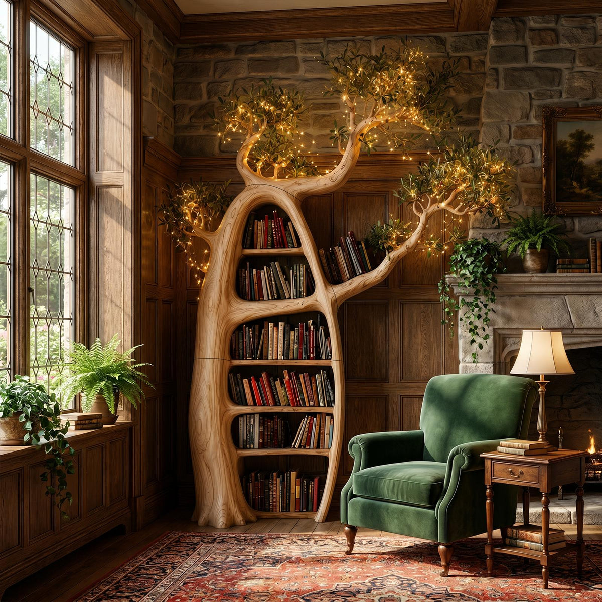 Artistic Tree Bookshelf with Illuminated Branch Crown, Handcrafted Wall Tree Shelf