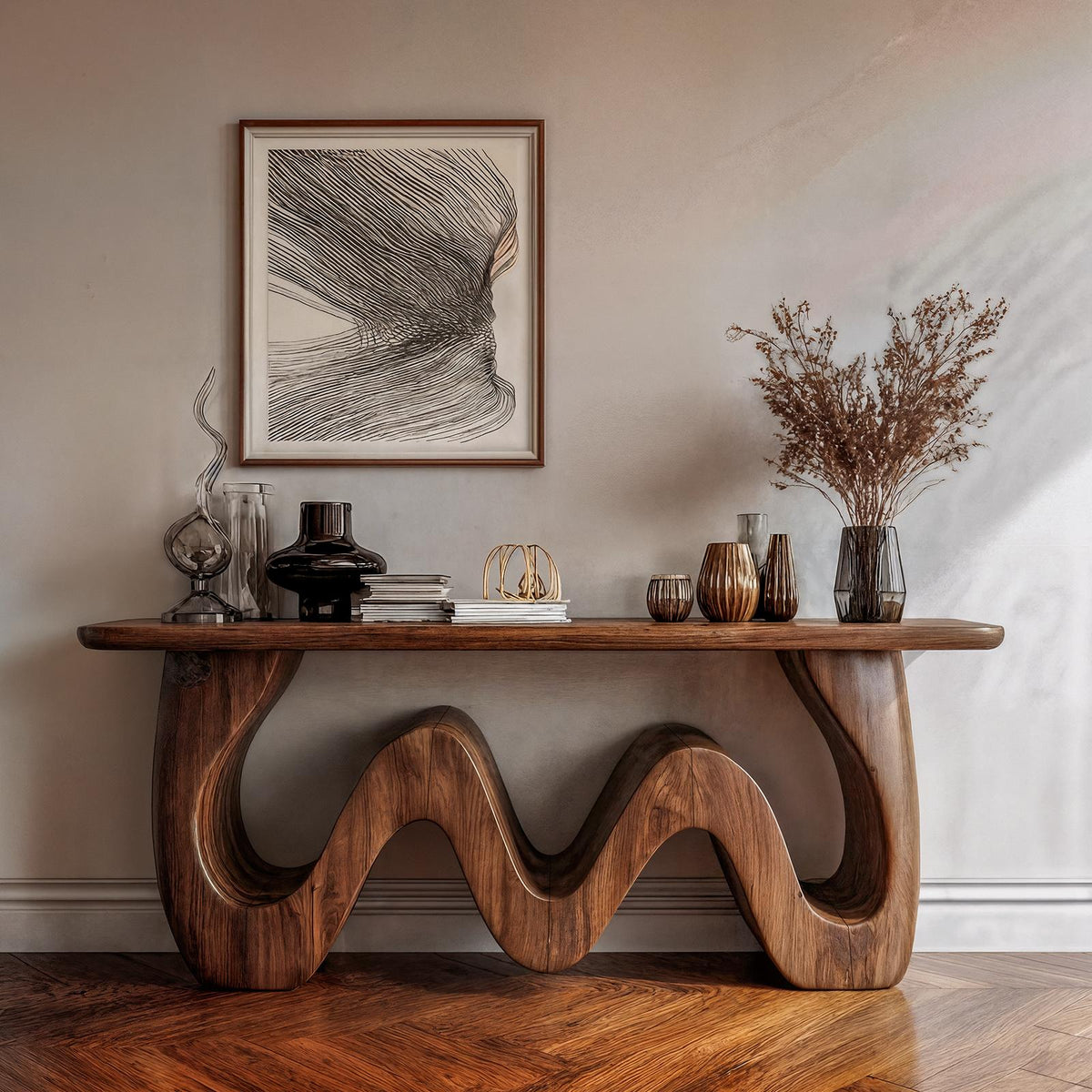 Organic Wave Console Table, Solid Wood Sculptural Curved Entryway Sofa Table for Living Room