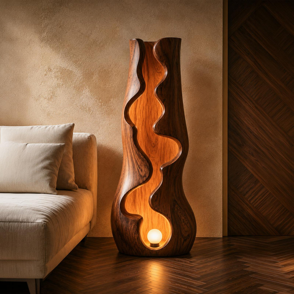 Organic Floor Lamp with Sculptural Wave Wood Design, Modern Standing Light for Living Room