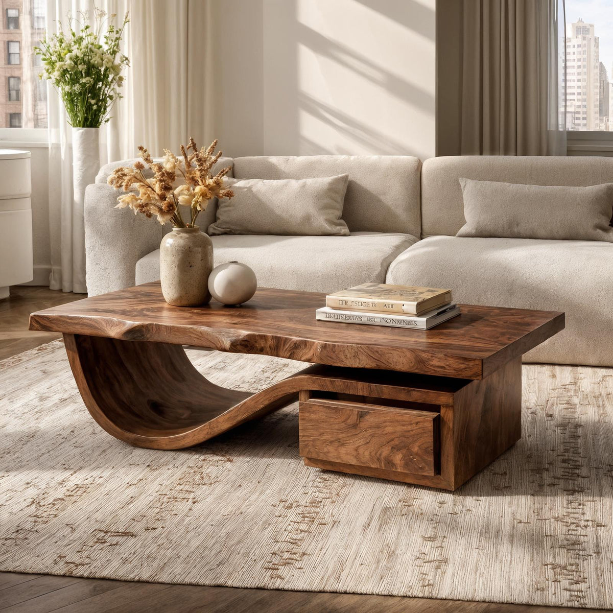 Spry Interior Modern Organic Coffee Table with Storage, Solid Wood Center Table & Living Room Accent Furniture, SINLKICF362
