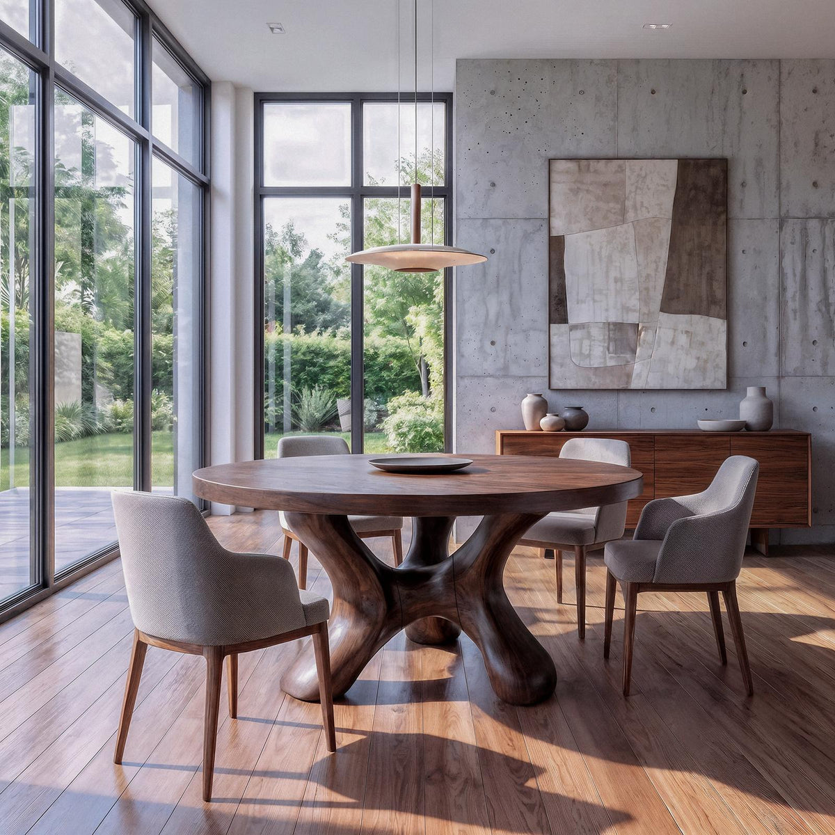Contemporary Round Dining Table With Flowing Crossed Design For Dining Room And Living Room