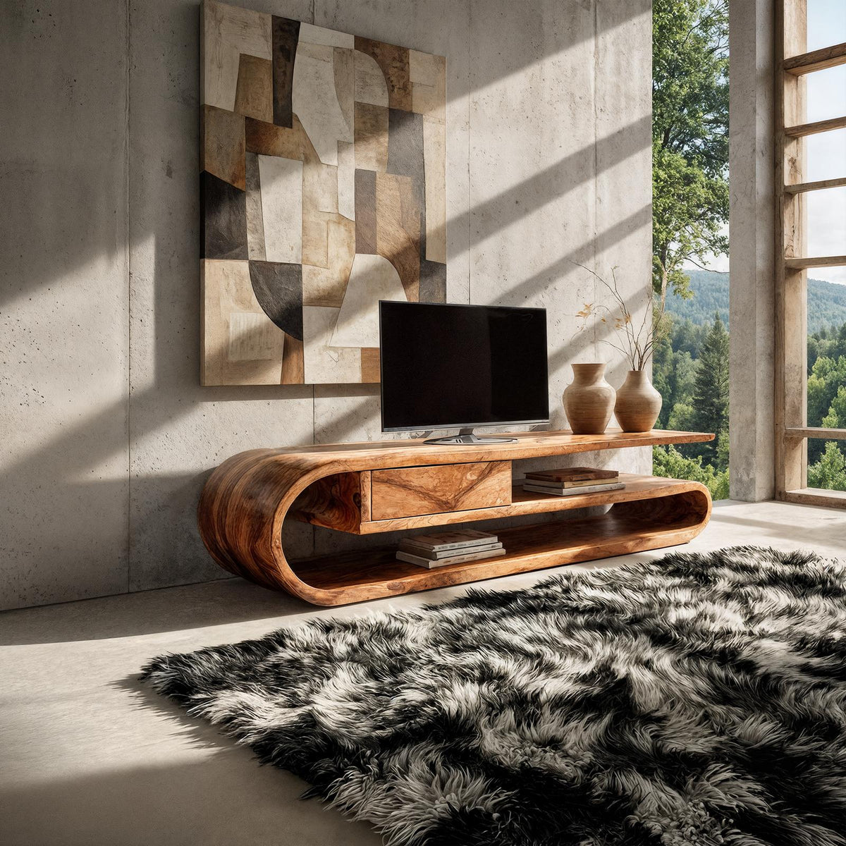 Contemporary TV Cabinet, Solid Wood Media Console, Modern Entertainment Center TV Stand for Living Room
