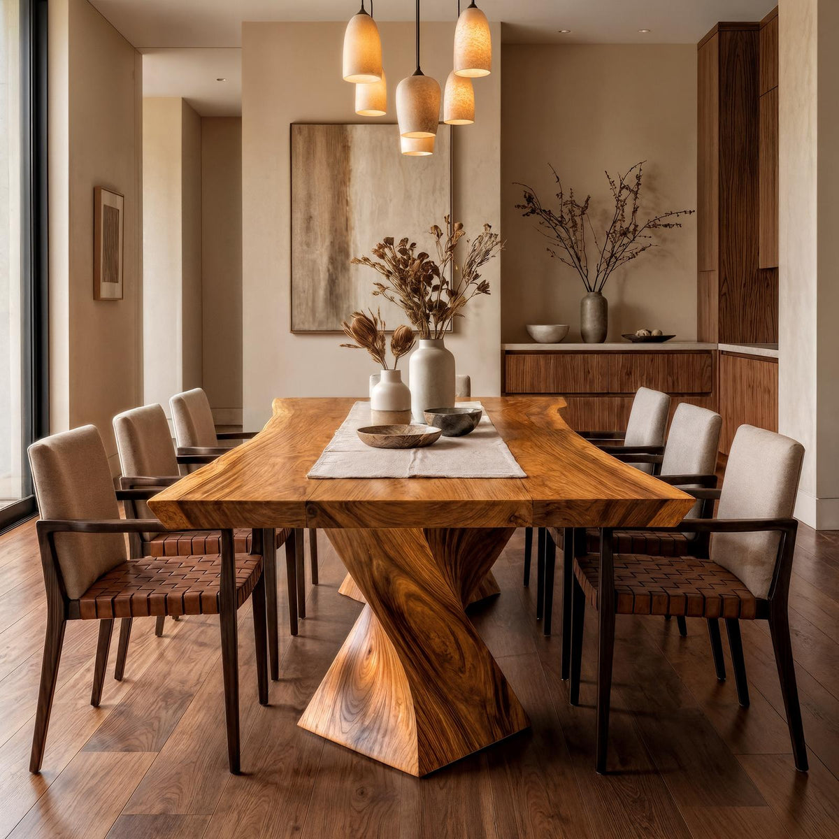 Spry Interior Sculptural X Base Dining Table, Handcrafted Solid Wood Kitchen & Dining Room Table, Architectural Design, SINLKIDT166