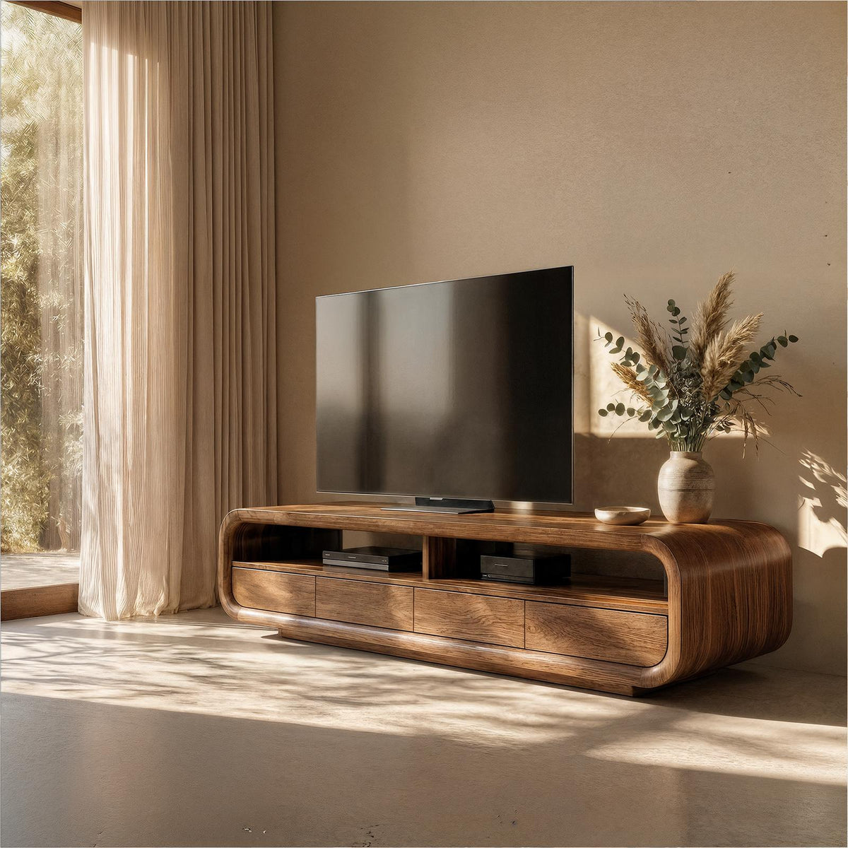 Rustic TV Cabinet, Solid Wood Media Console credenza with Storage Cabinets for Living Room