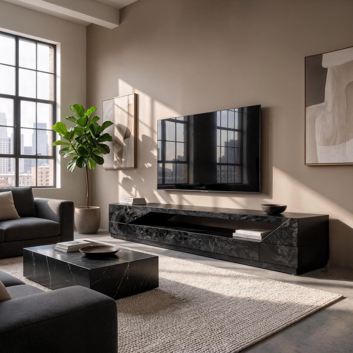 Minimal TV Console with Natural Wood Grain, Modern Wooden Media Cabinet Sideboard