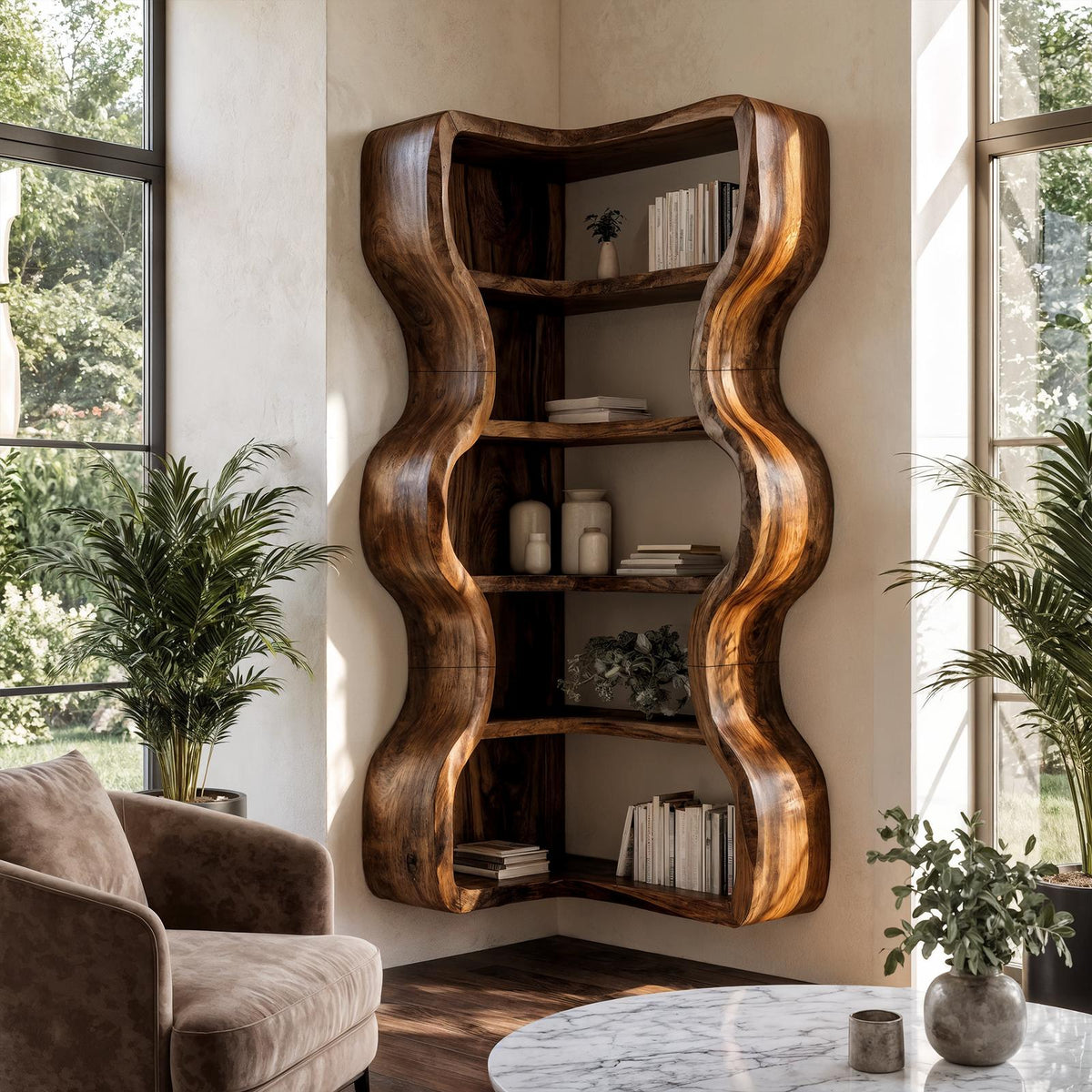 Statement Bookshelf Handcrafted Wavy Design For Living Room