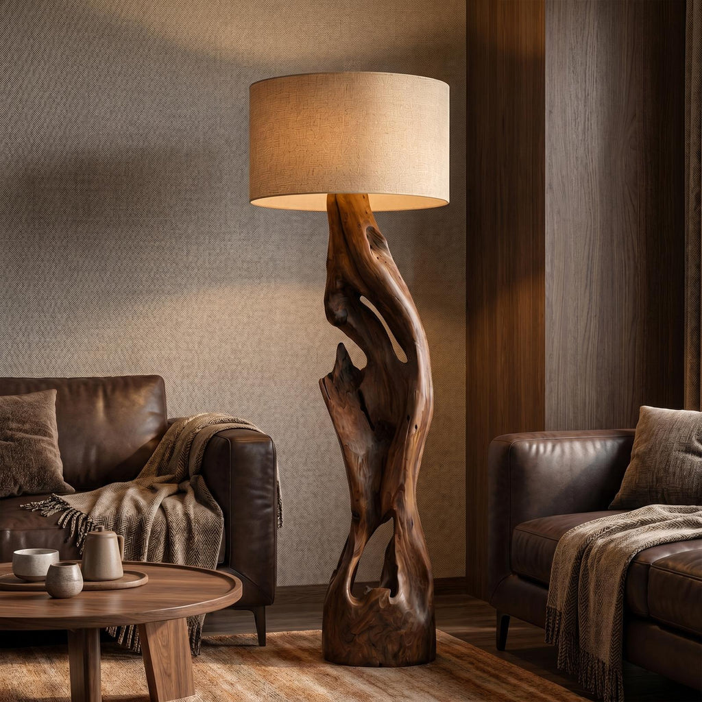 Sculptural Floor Lamp with Solid Wood Open Form Design, Modern Tall Standing Light