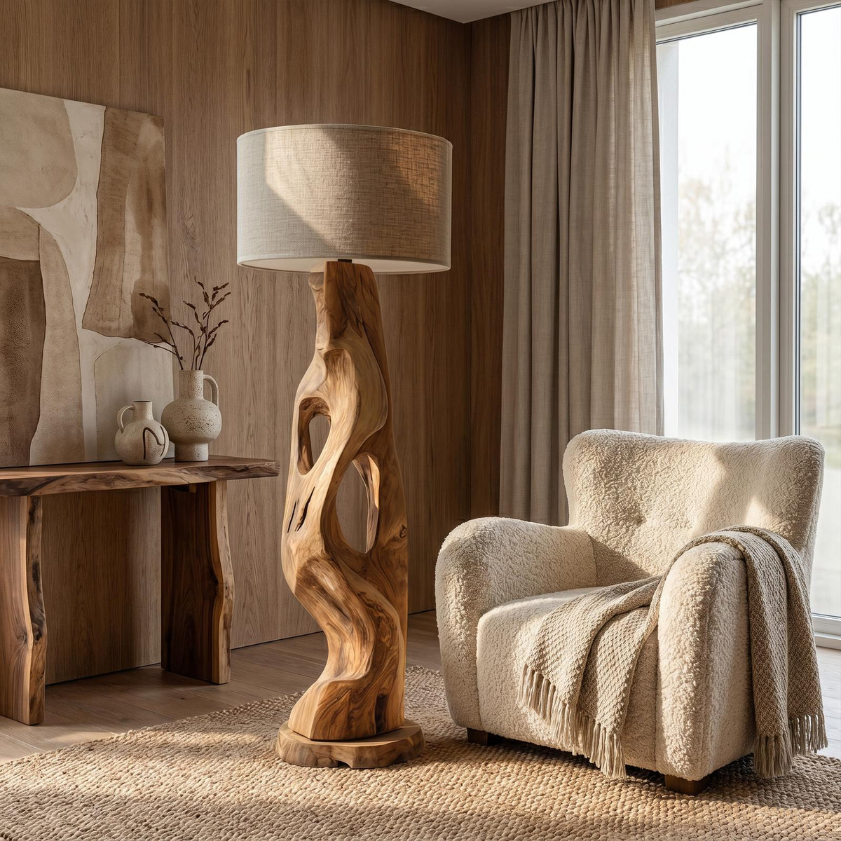 Organic Modern Standing Lamp with Artistic Solid Wood Base, Tall Floor Light for Living Room