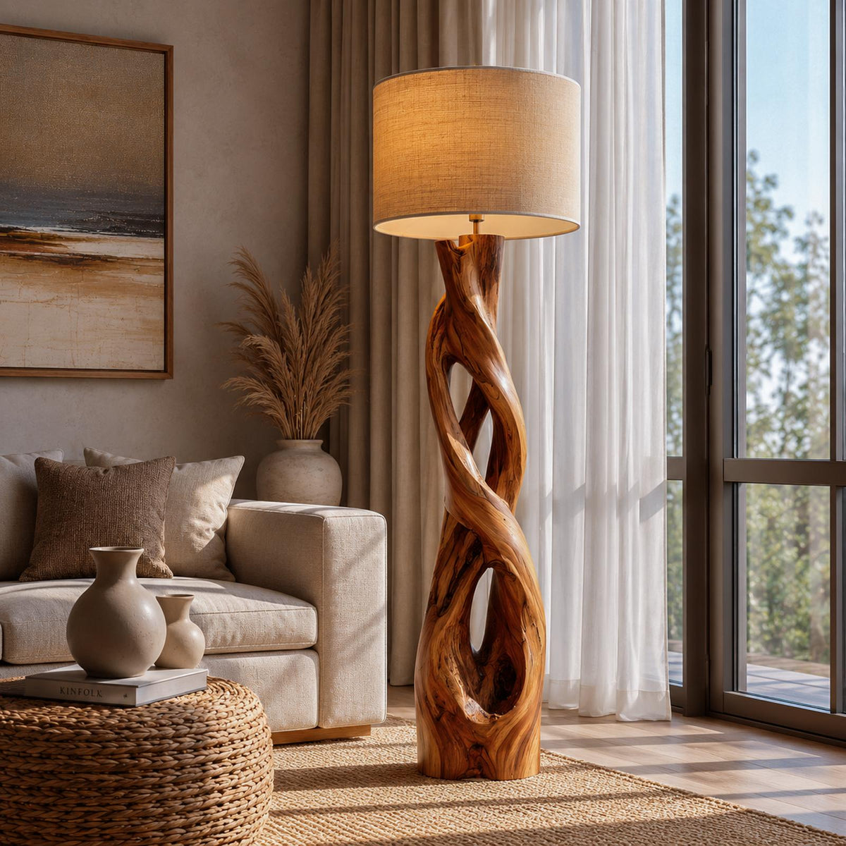 Nature-Inspired Floor Lamp with Sculptural Wood Form and Fabric Shade, Standing Tall Light