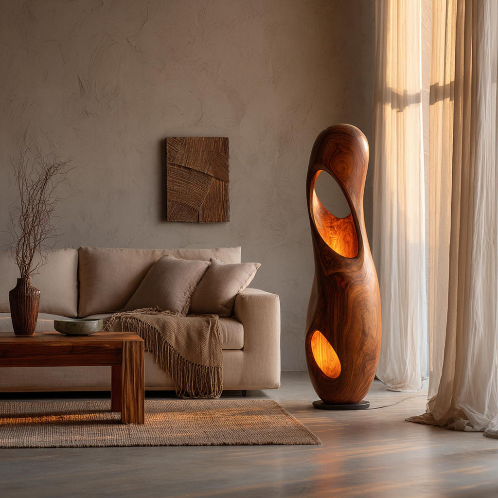 Organic Floor Lamp with Sculptural Hollow Wood Tower Design, Modern Artistic Standing Light