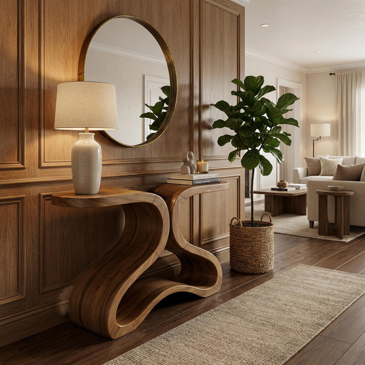 Spry Interior Organic Curved Console Table, Modern Solid Wood Entryway Sofa Table & Hallway Accent Credenza, SINLKICS568