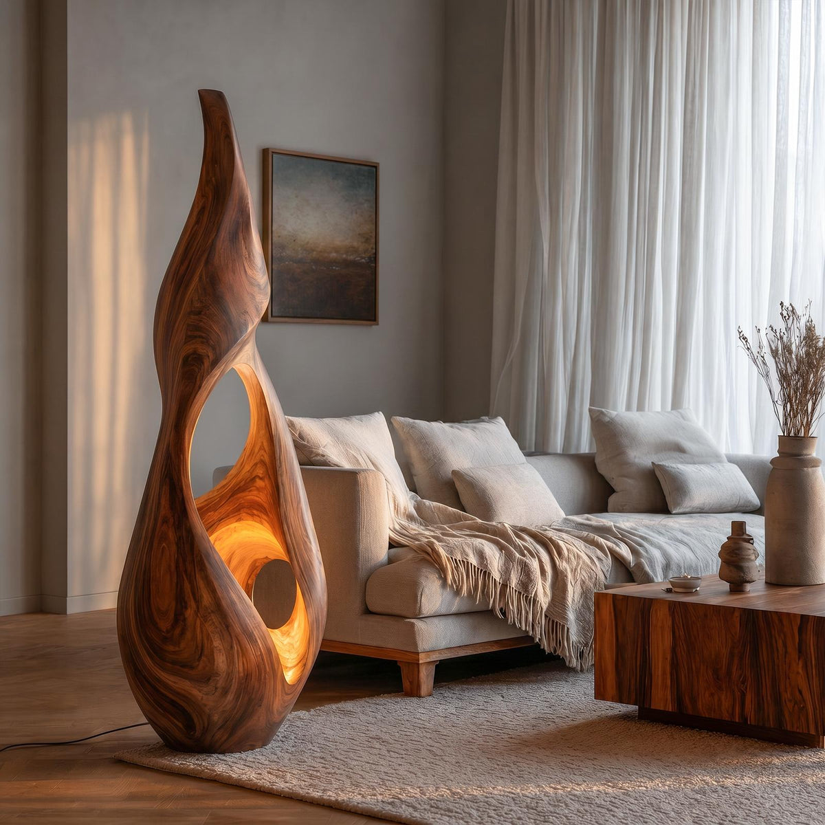 Nature-Inspired Floor Lamp with Sculptural Solid Wood Form, Artistic Standing Corner Light