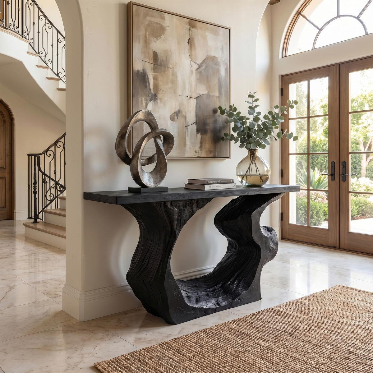 Sculptural Console Table, Modern Solid Wood Entryway Sofa Table & Accent Hallway Credenza