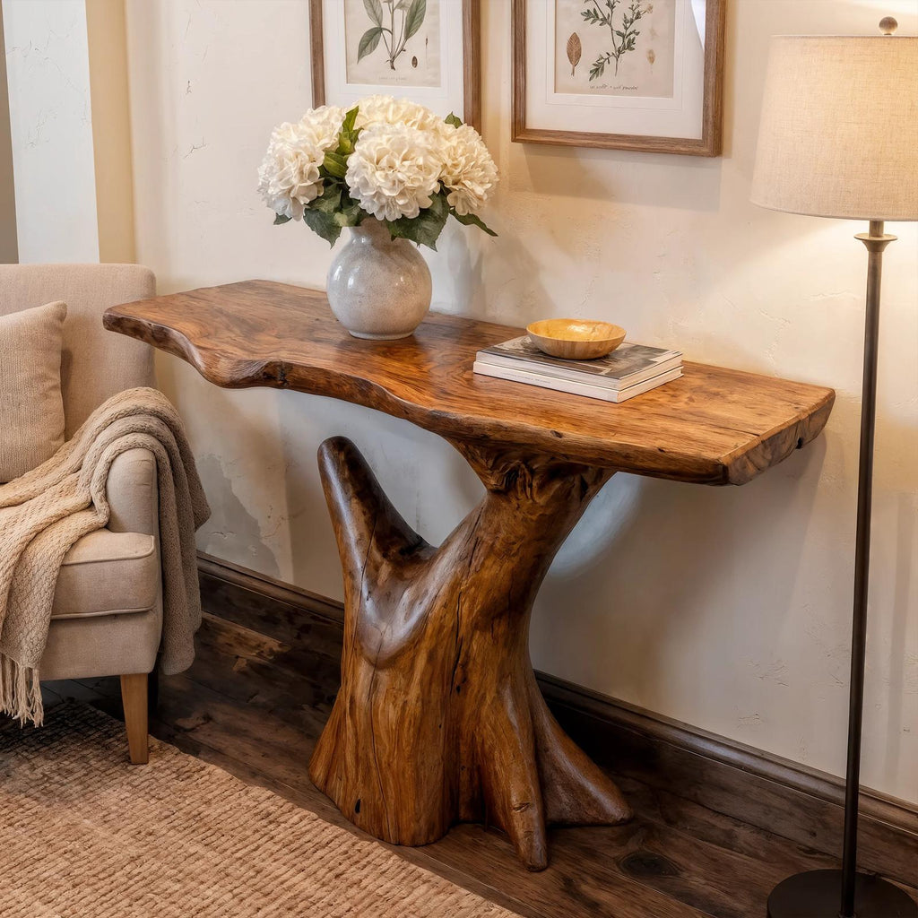 Rustic Sculptural Console Table, Natural Solid Wood Accent Sofa Table for Living Room & Foyer