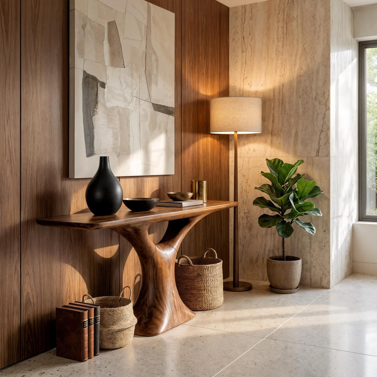 Mid Century Entry Table Smooth Sculptural Form Luxury Welcome Area
