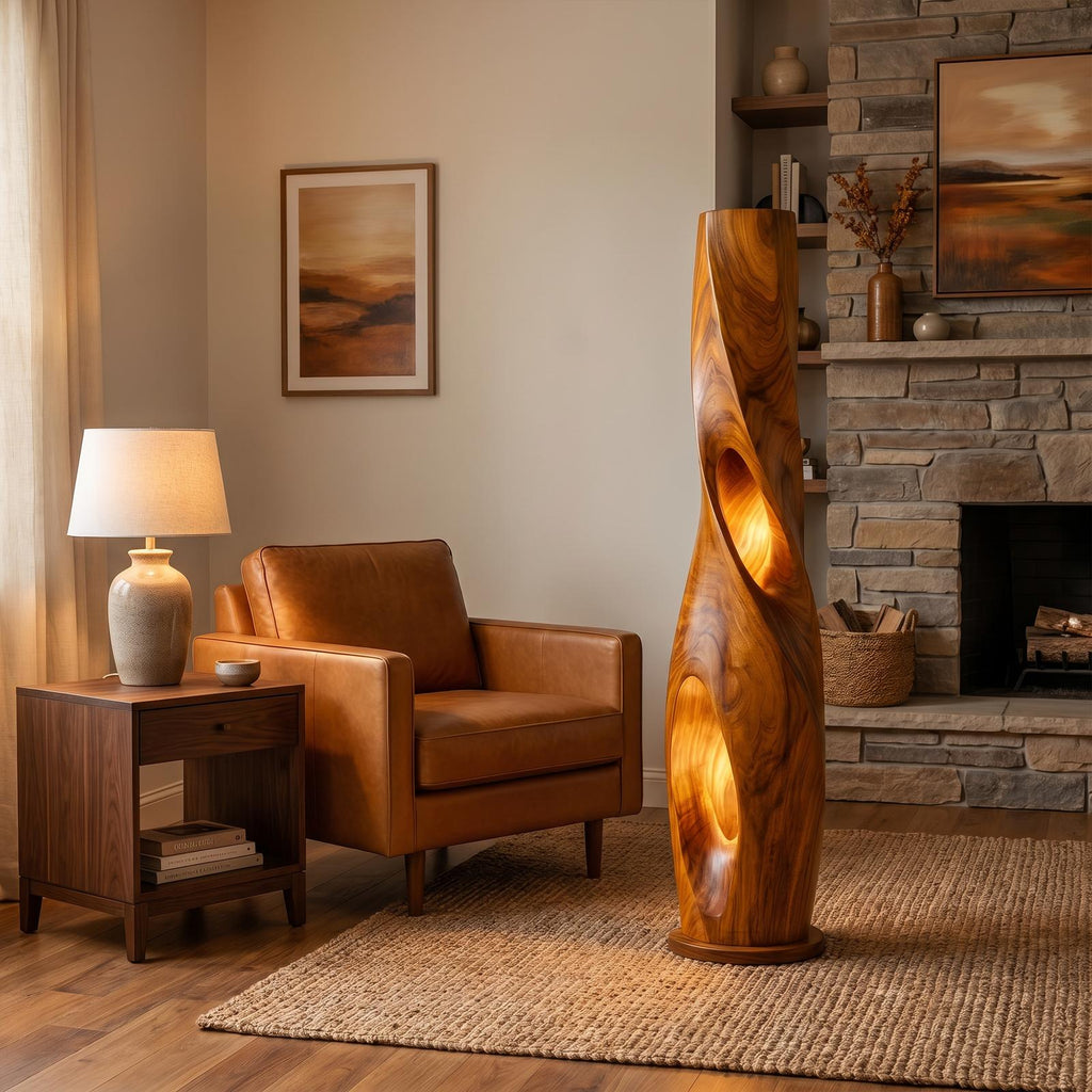 Modern Sculptural Floor Lamp with Hollow Solid Wood Design, Artistic Standing Light