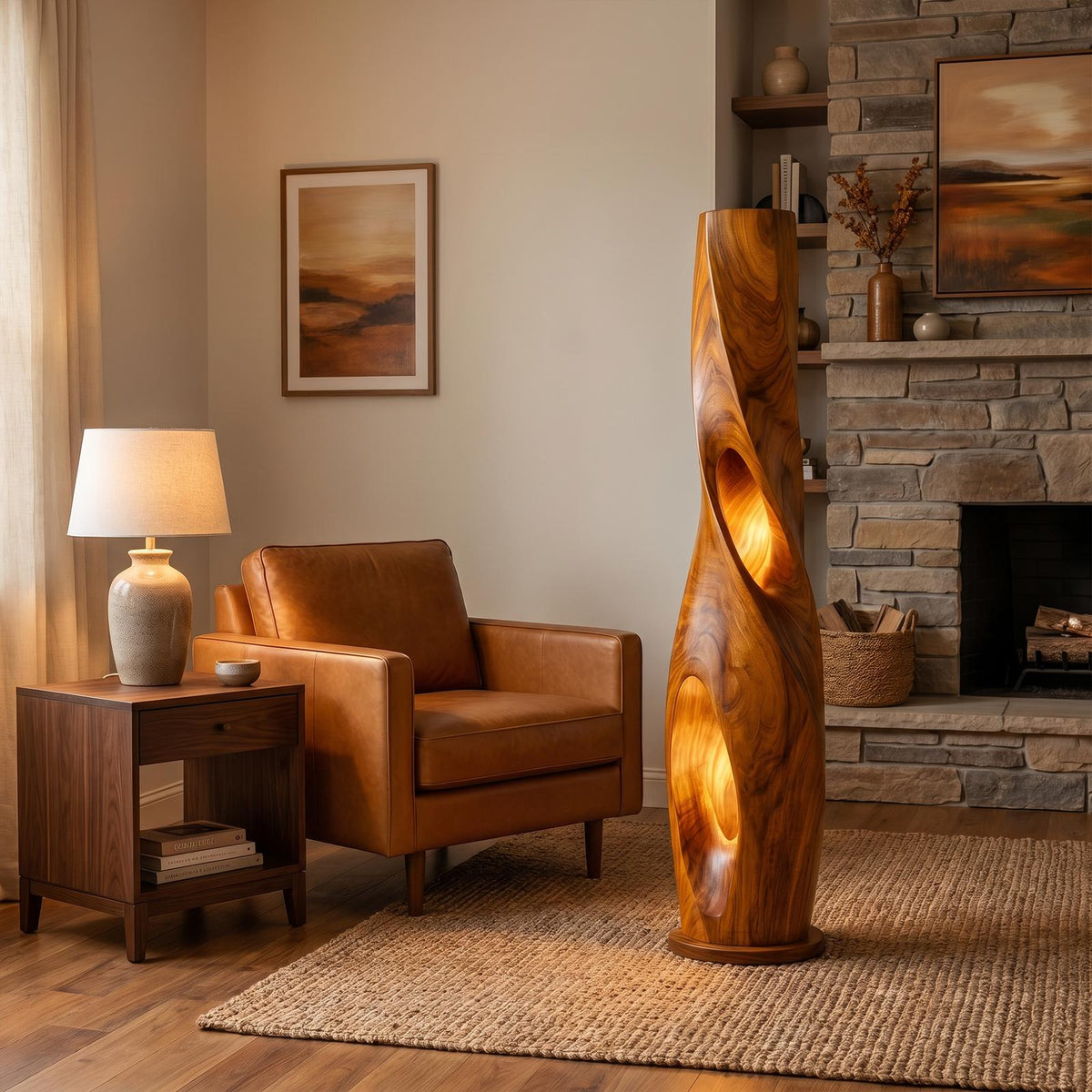 Modern Sculptural Floor Lamp with Hollow Solid Wood Design, Artistic Standing Light