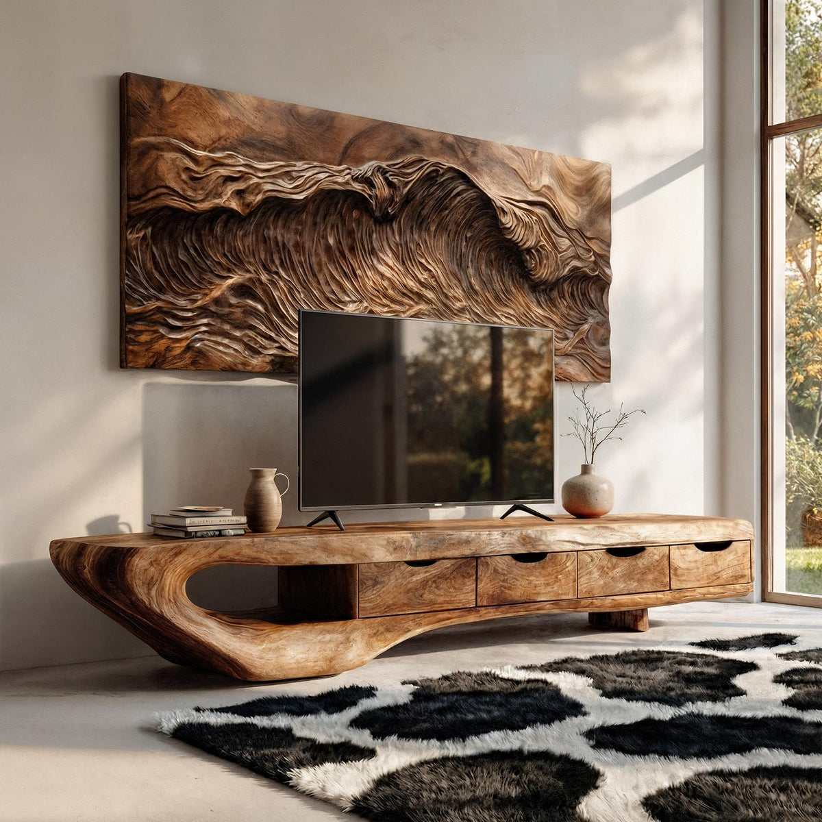 Mid-Century TV Cabinet, Solid Natural Wood Media Console Table, Modern Living Room TV Stand Unit