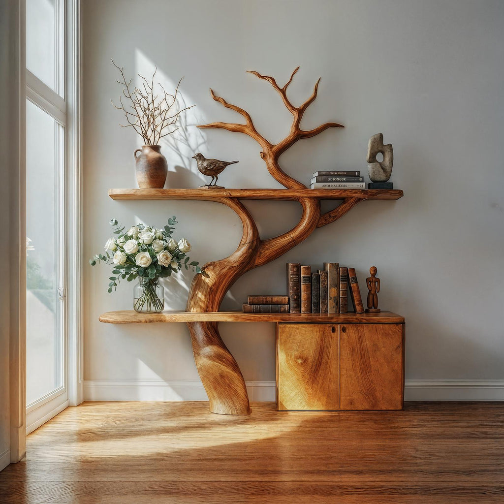 Rustic Tree Branch Bookshelf with Storage Cabinet, Solid Wood Decorative Bookcase, Bedroom Display Shelf
