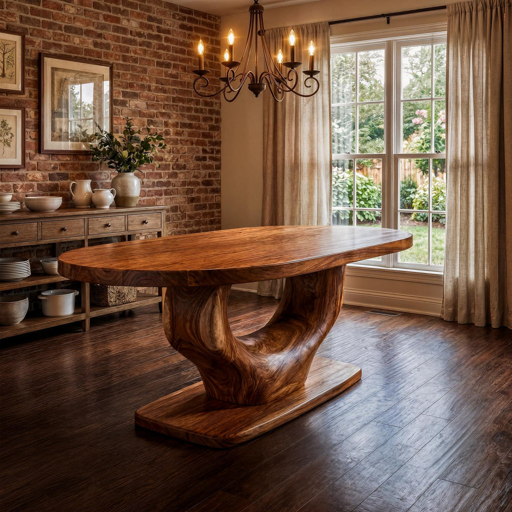 Spry Interior Rustic Curved Base Dining Table, Handcrafted Solid Wood Kitchen & Dining Room Wooden Trestle Table, SINLKIDT167